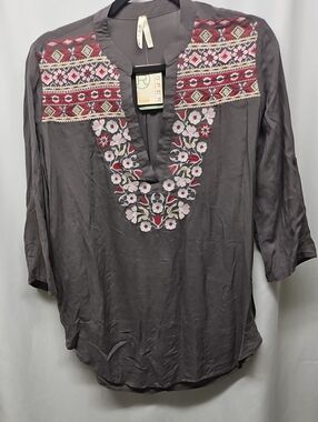 Roper Charcoal Tunic with Red & Pink Embroidery